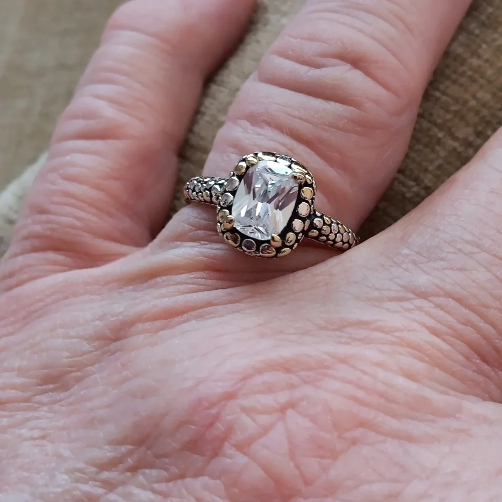 Rhinestone Pebbled Gold and Silver Textured Silver Ring